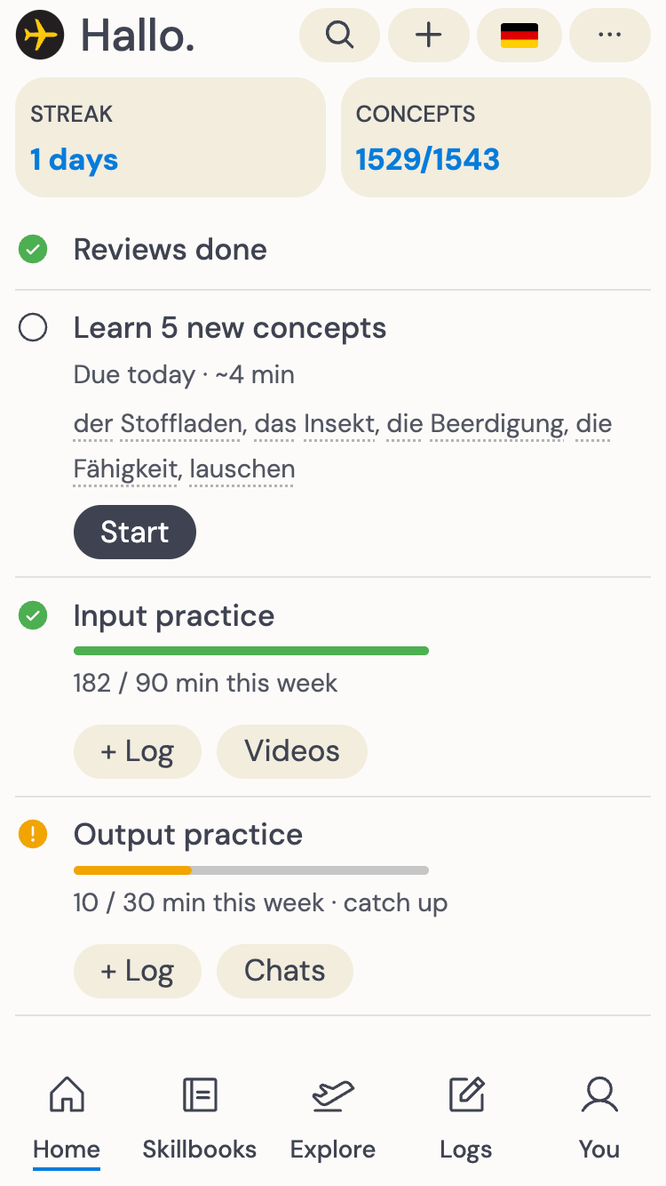 The Jetway language learning home screen